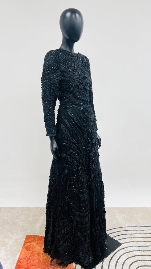 Abito lungo nero ricami e ruche