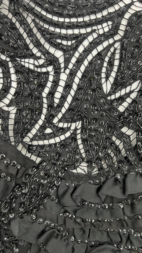 Abito lungo nero ricami e ruche