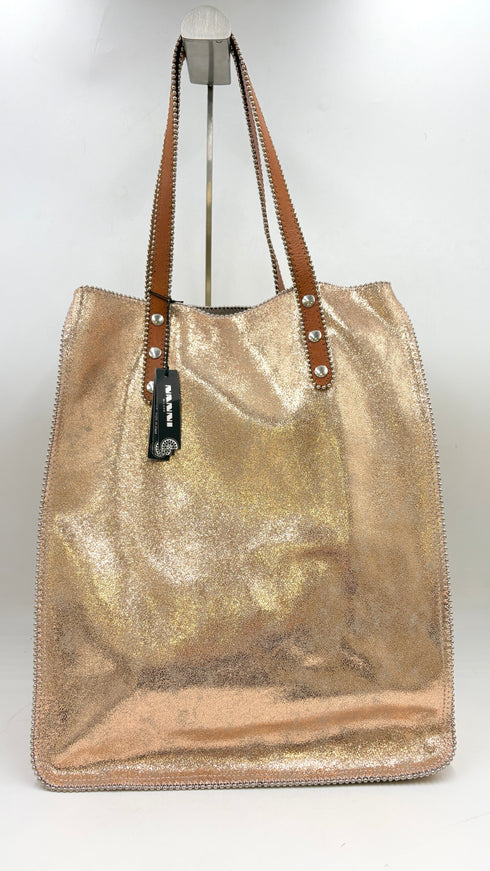 Tote-bag spalmato oro-rosa con cartellino