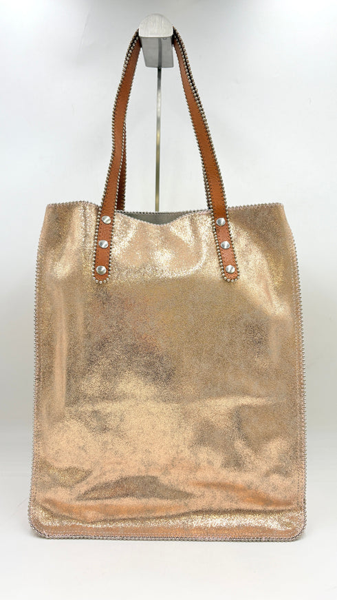 Tote-bag spalmato oro-rosa con cartellino