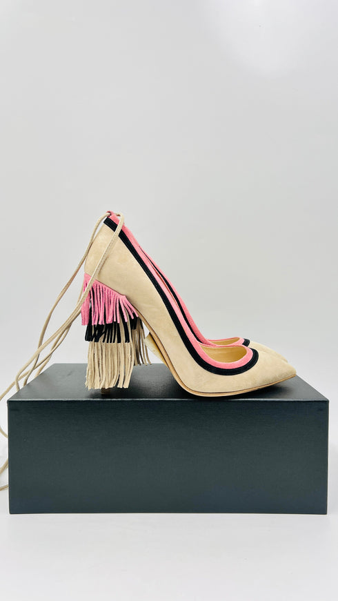 Décolleté suede color block con frange