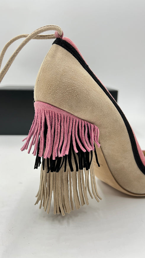 Décolleté suede color block con frange