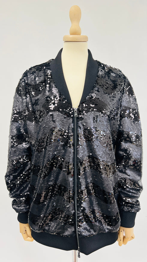 Bomber nero di paillettes con cartellino