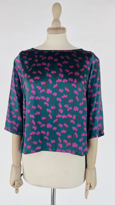 Blusa satin fiori fucsia in seta