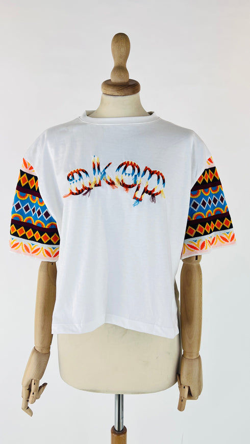 T-shirt crop con maniche in maglia