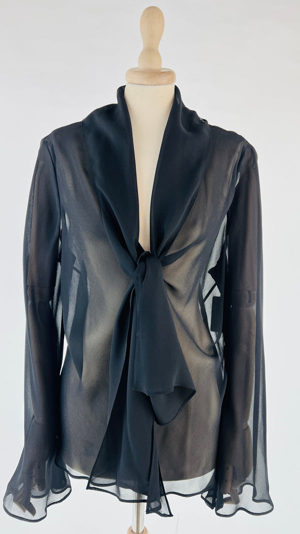 Blusa nera in seta a portafoglio