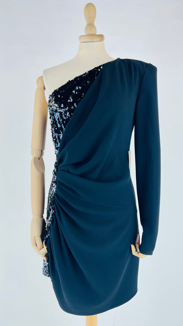 Abito monospalla con inserto in paillettes