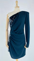 Abito monospalla con inserto in paillettes