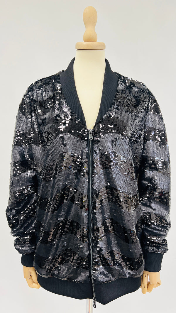Bomber nero di paillettes con cartellino